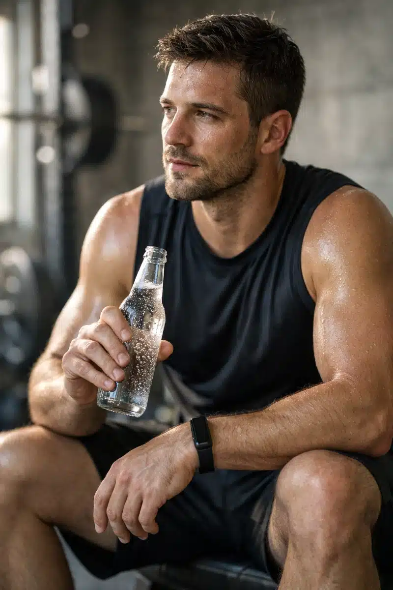 Atleta hidratándose con agua con gas después de entrenar